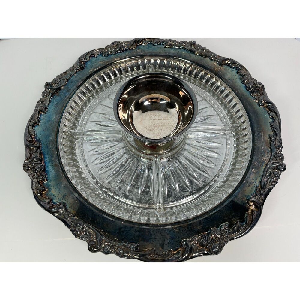 Vintage Lunt A-157 Silverplate Hors D'Oeuvre Appetizer Tray Glass Insert Bowl